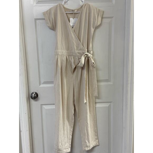 Little Cottonwood Beige Linen/Cotton Wrap Jumpsuit | Size M - Picture 1 of 5